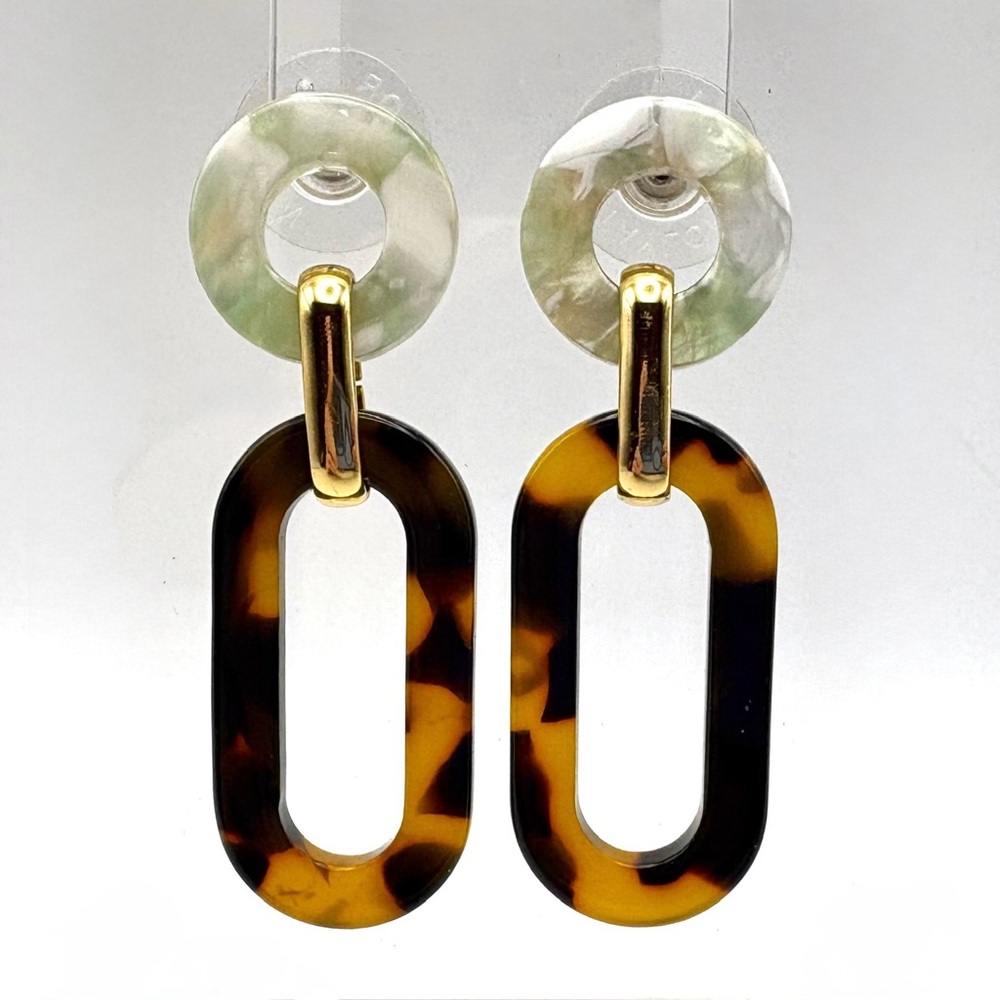 Ann Taylor Faux Tortoise Link Drop Earrings with Gold, Brown, and Cream/Sage